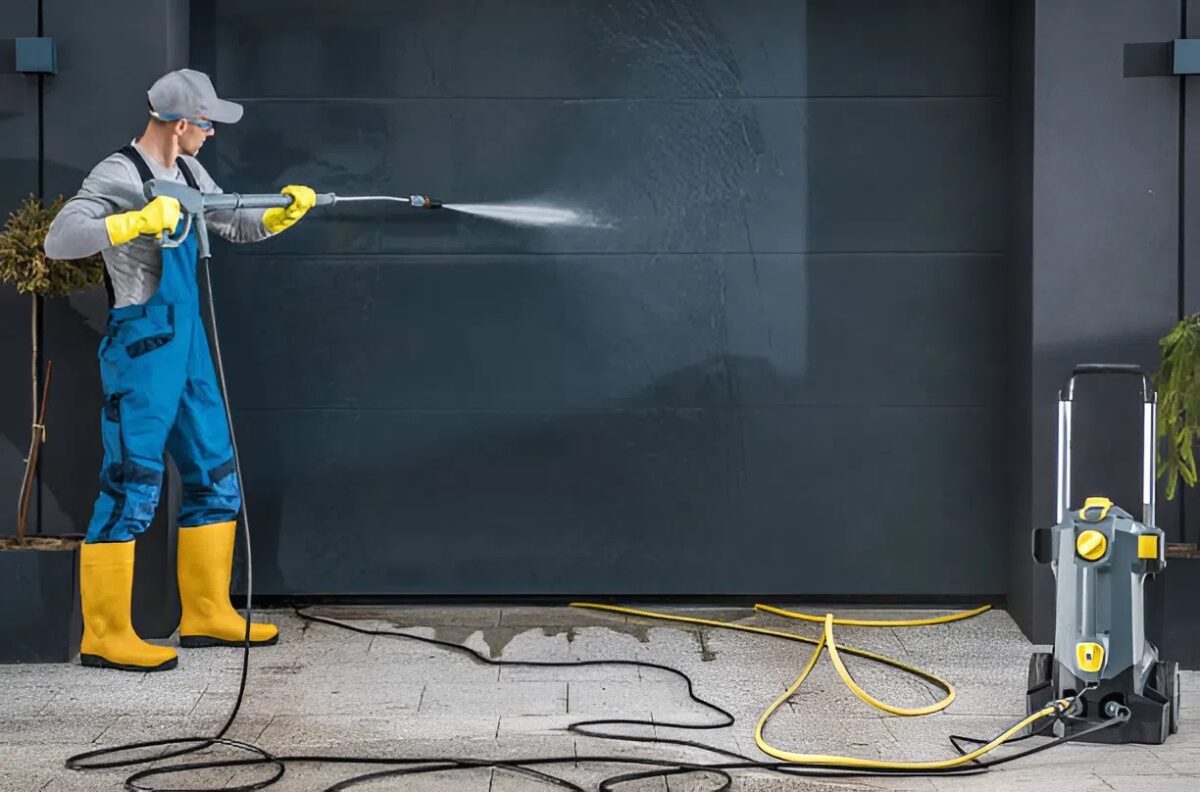 Professional pressure washing of commercial exterior