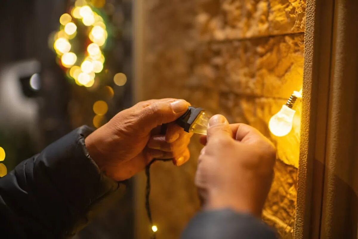 A professional installing holiday lighting on a residential property