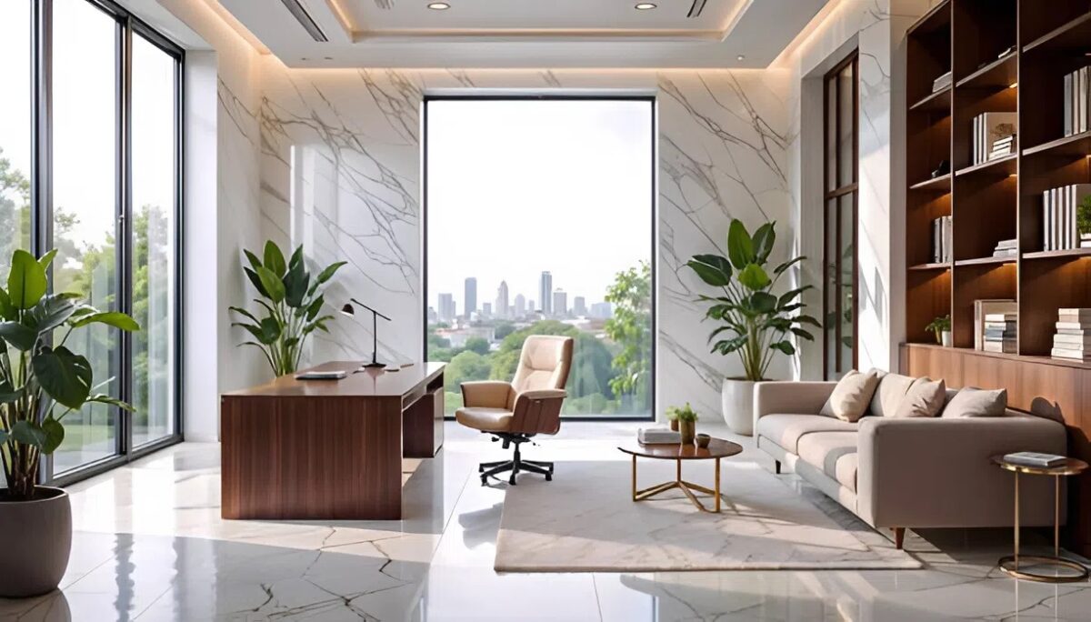 Private executive suite office interior with bright light