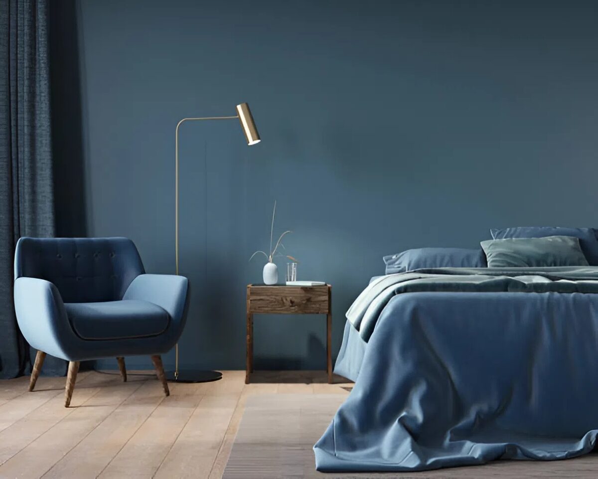 Professionally painted bedroom with navy blue paint color
