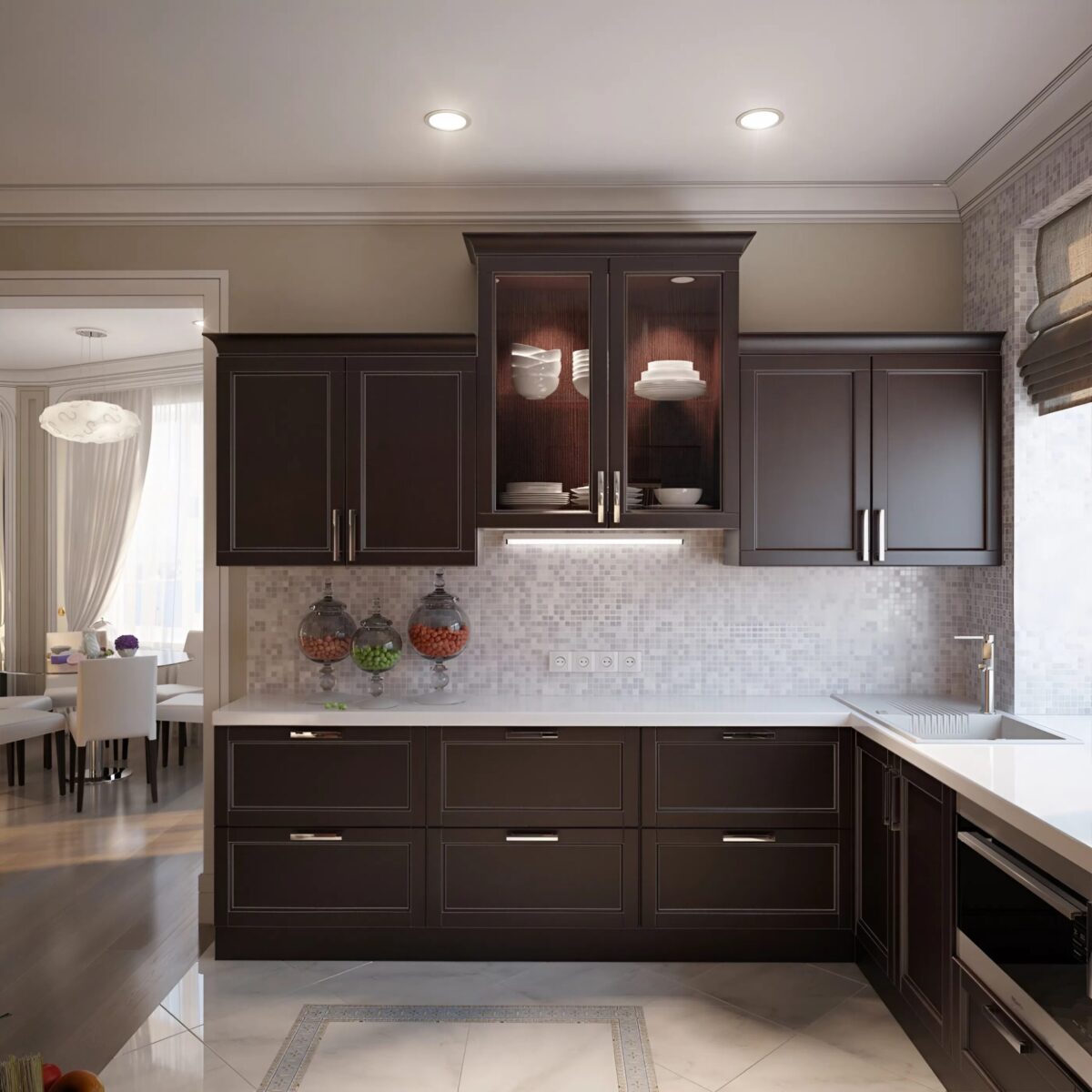 Dark espresso cabinet finish with crisp edges and glass display by an interior painter in Plymouth, MN