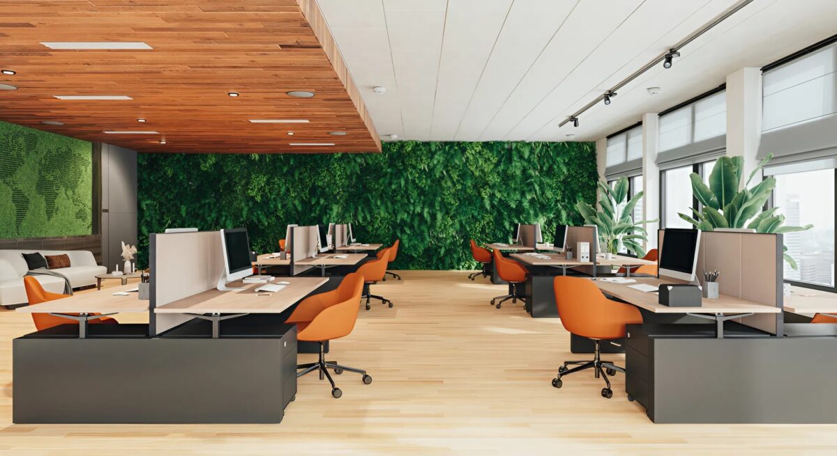 Freshly painted modern office interior with bold green accent wall and clean neutral finishes by a painter in Andover, MN.