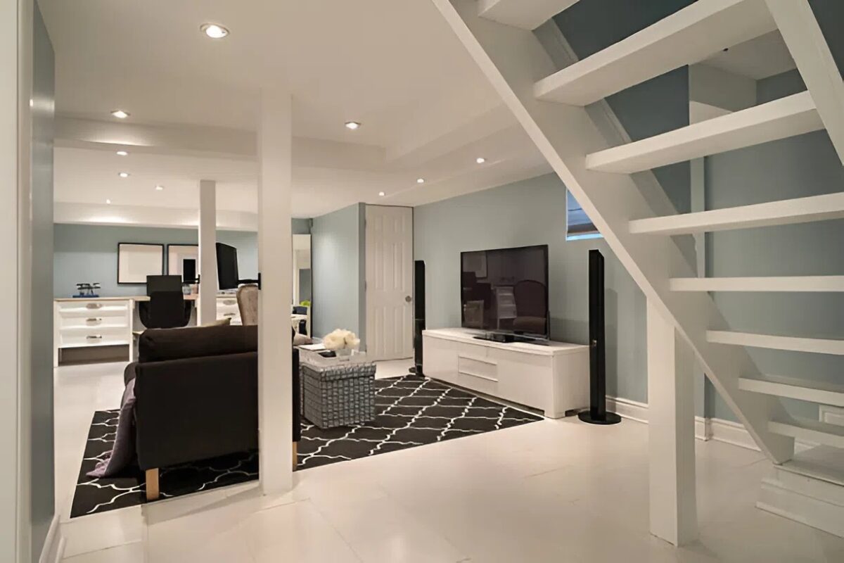 Residential basement painted in neutral colors