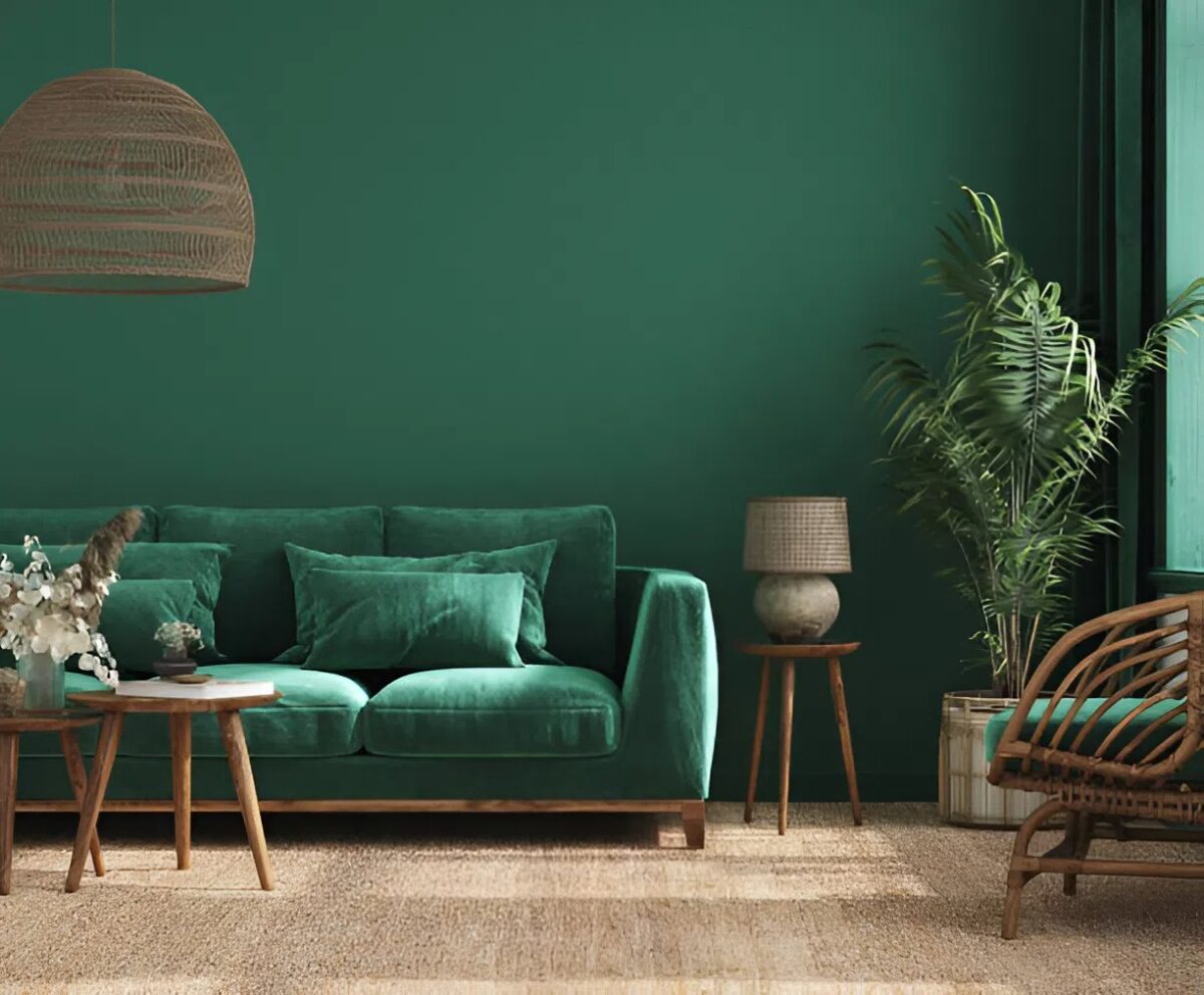 Modern living room with deep green accent wall and neat trims by an interior painter in Sartell, MN