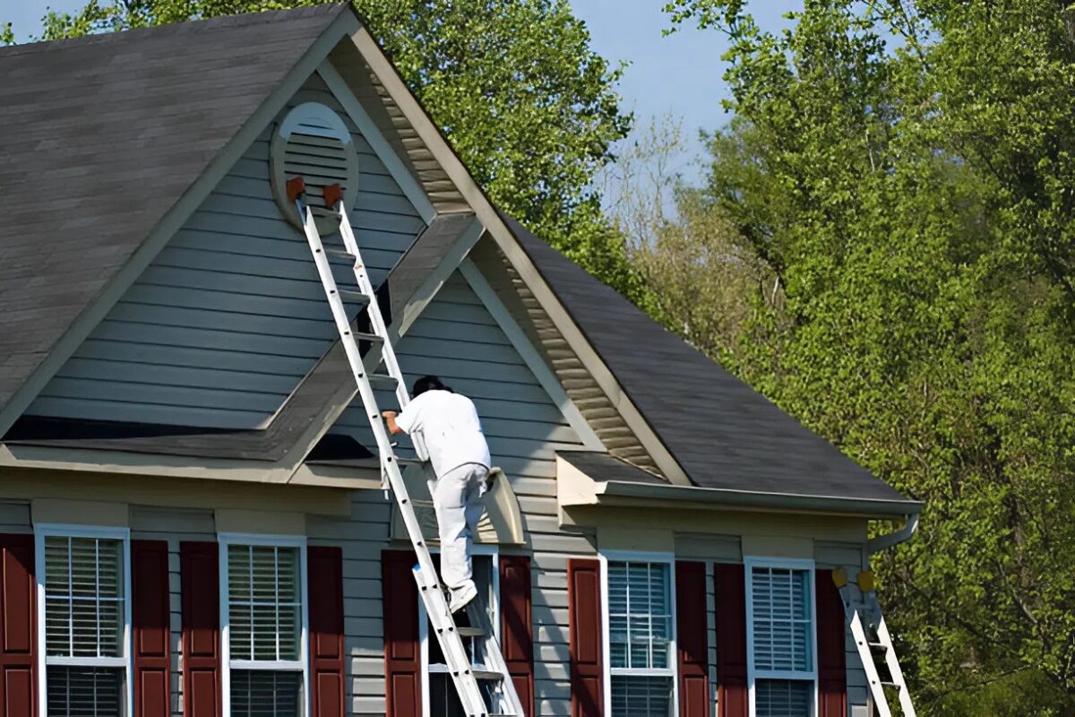Professional house painter in St. Michael, MN, painting exterior siding on a residential home using a ladder
