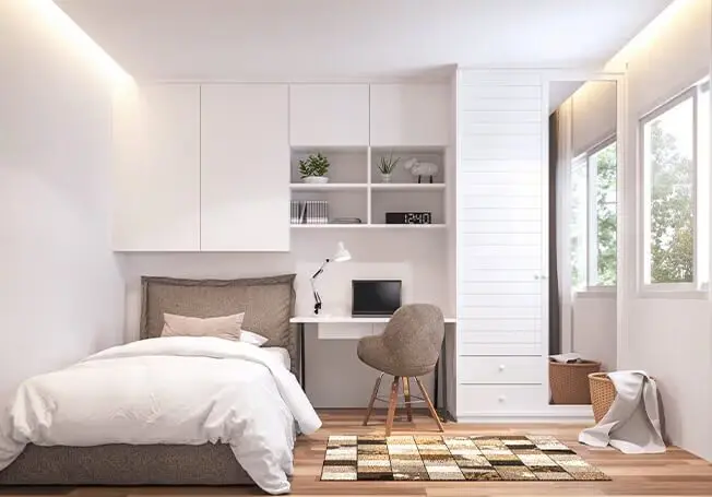 Soft beige and warm white bedroom with clean modern wall finishes by a painter in Andover, MN