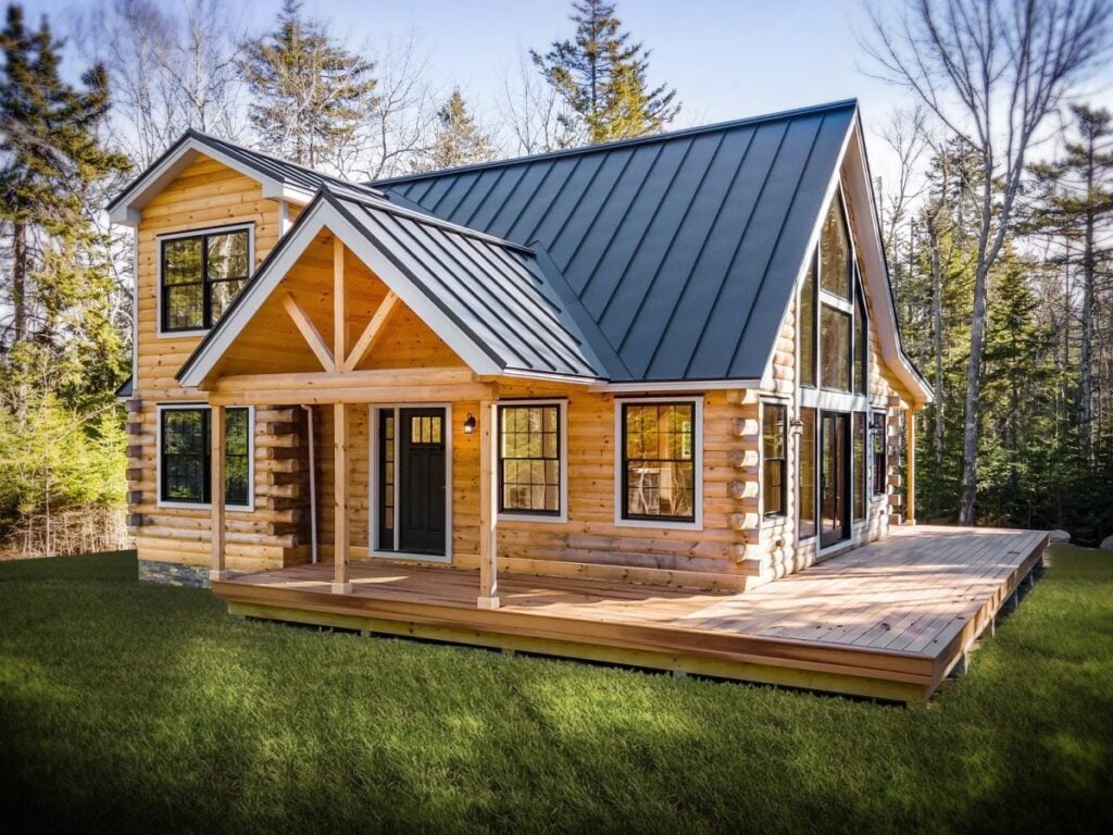 Modern rustic log cabin with natural wood exterior and black roof by an exterior painter in Buffalo, MN