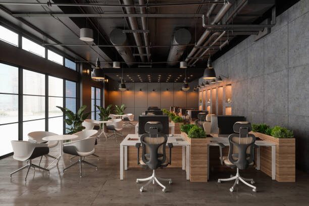 Modern office interior with charcoal walls and black ceiling, completed by a painting company in Monticello, MN