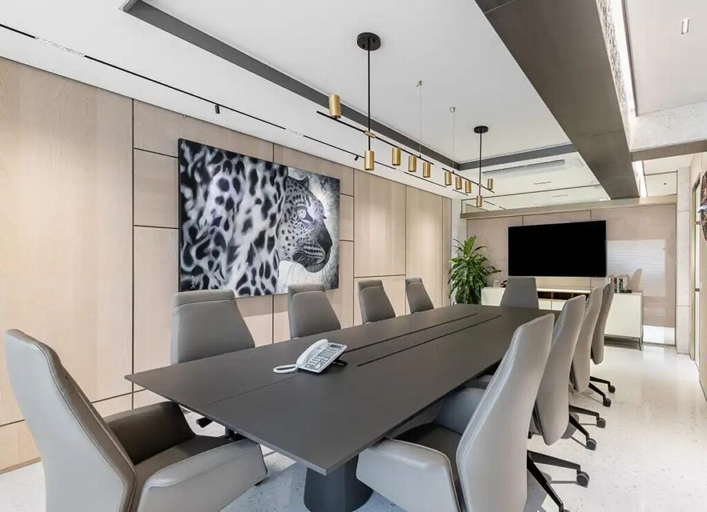 Neutral palette office interior with charcoal accents and detailed trims by an interior painter in Andover, MN
