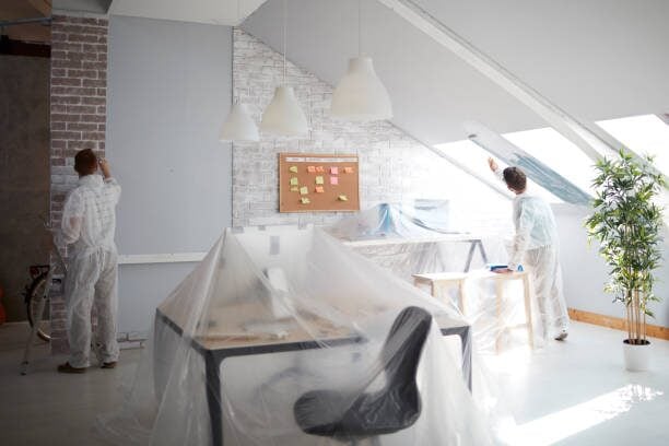 Office interior prepped for painting by professional interior painter in Andover, MN
