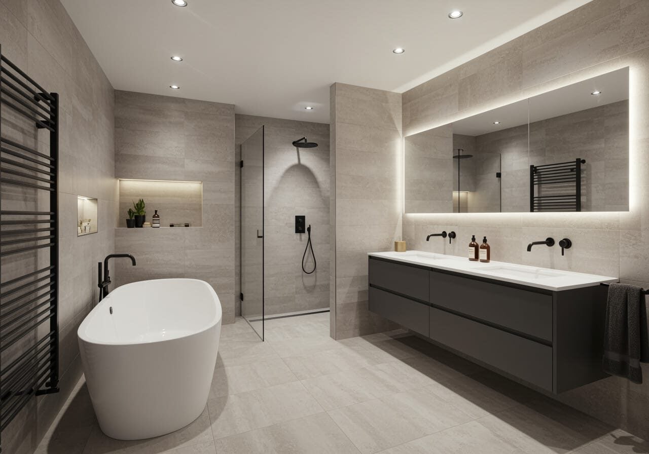 Modern bathroom with soft greige paint tones and matte black fixtures by an interior painter in Big Lake, MN