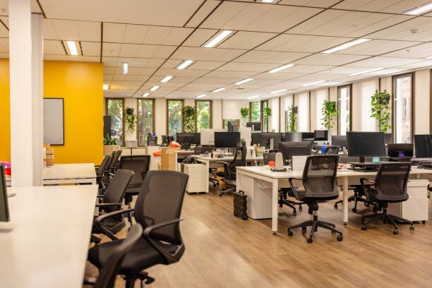 Office interior with white walls, yellow accent wall, and durable finishes by a commercial painter in Sauk Rapids, MN.
